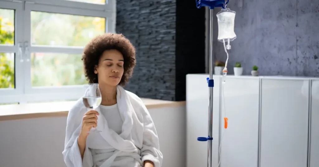 IV vitamin therapy session with woman in white robe sitting calmly and holding a glass of water.