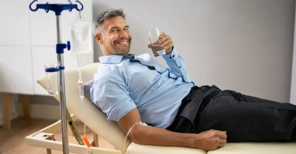 Ketamine treatment for depression featuring smiling man reclining with IV drip and drinking water.